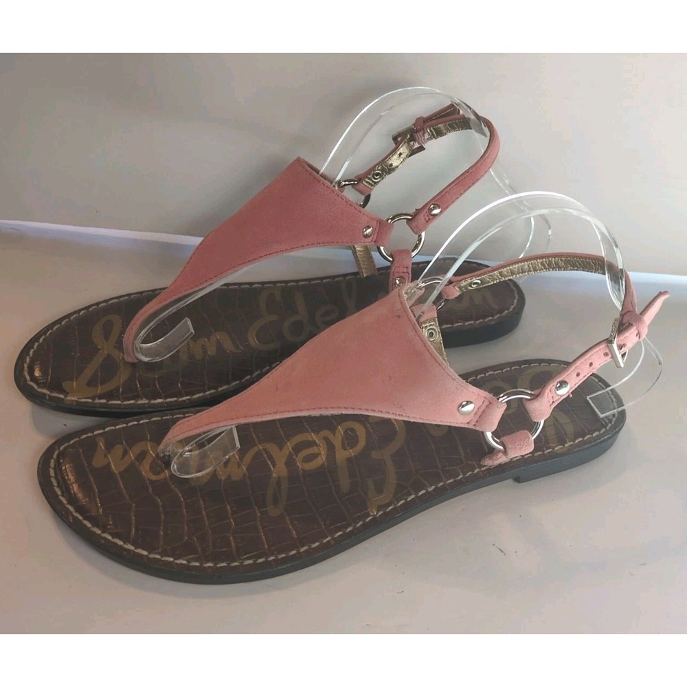 Sam Edelman Greta 10.5 Leather Gigi Adjustable T-Strap Sandals Pink Suede Flat - Picture 1 of 10